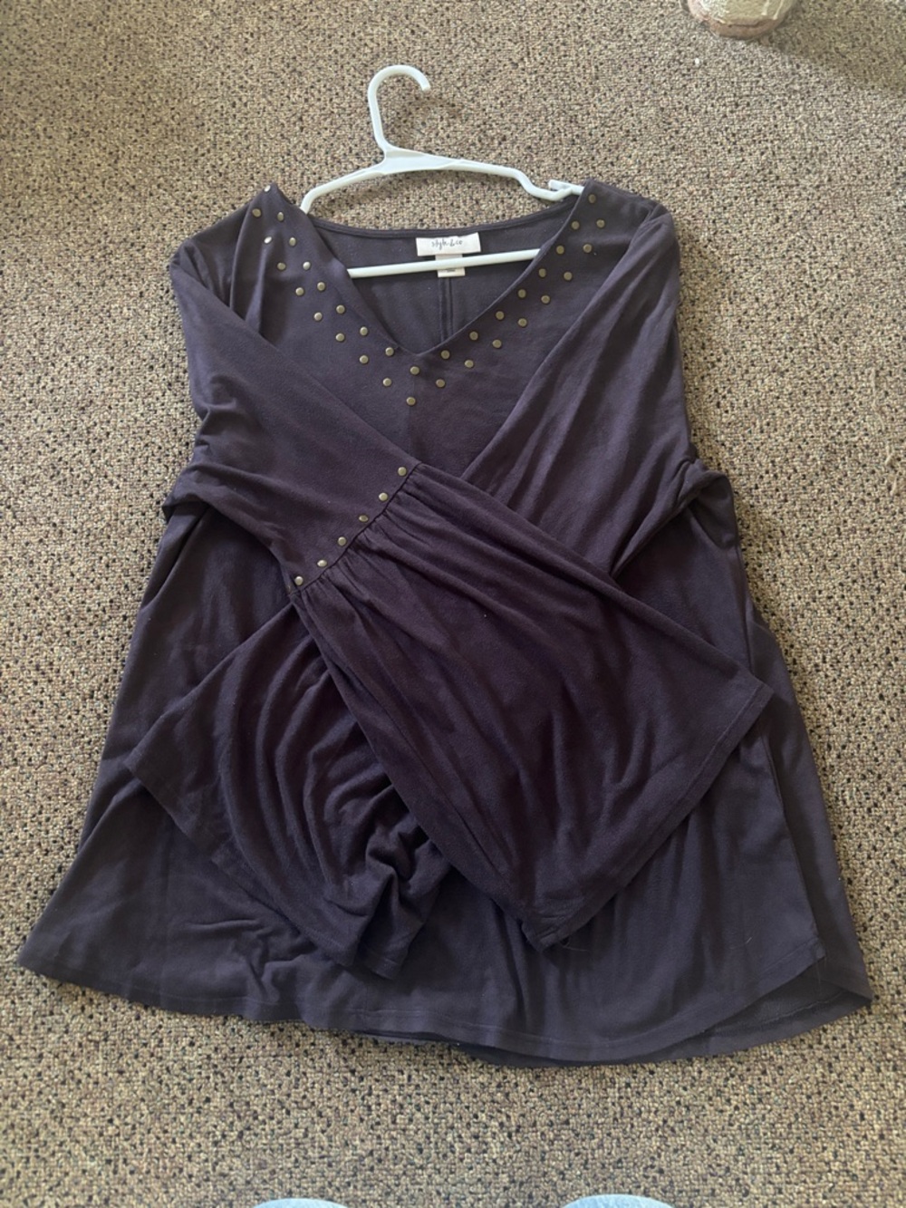 Style & Co. Dark Brown V-Neck Stud-Trim Bell Sleeve Tunic